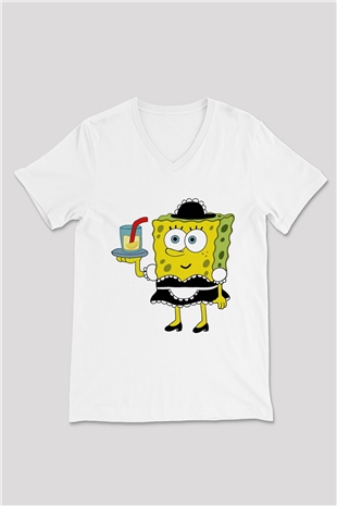 Garson Beyaz Unisex V Yaka Tişört