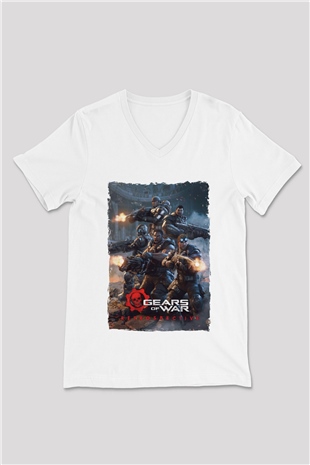 Gears of War Beyaz Unisex V Yaka Tişört