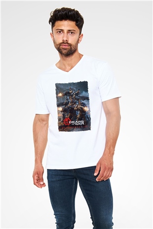 Gears of War Beyaz Unisex V Yaka Tişört