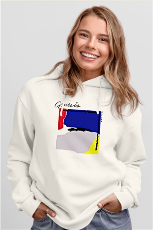 Genesis Baskılı Unisex Beyaz Hoodie