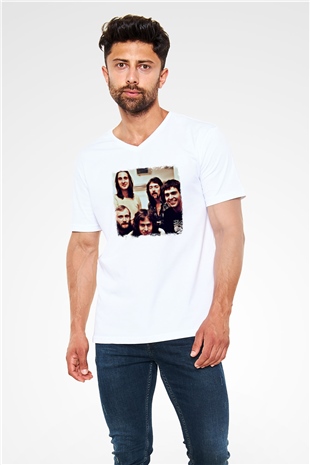 Genesis Baskılı Unisex Beyaz V Yaka Tişört