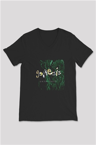 Genesis Baskılı Unisex Siyah V Yaka Tişört