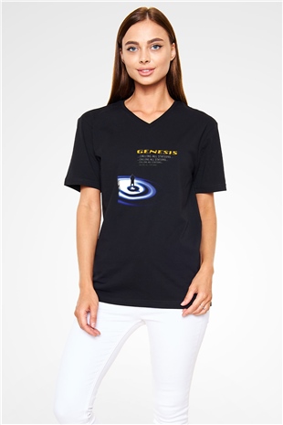 Genesis Baskılı Unisex Siyah V Yaka Tişört