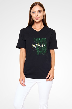 Genesis Baskılı Unisex Siyah V Yaka Tişört