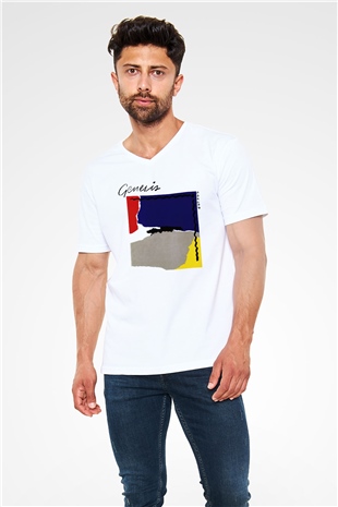 Genesis Beyaz Unisex V Yaka Tişört T-Shirt