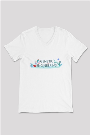 Genetik Mühendisliği Baskılı Unisex Beyaz V Yaka Tişört