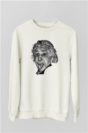 Geometrik Aibert Einstein Portesi Baskılı Unisex Beyaz Sweatshirt