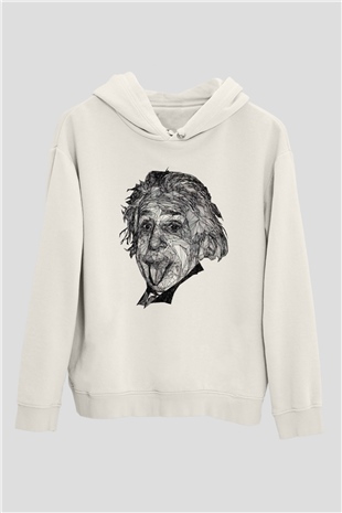 Geometrik Aibert Einstein Portesi Baskılı Unisex Beyaz Hoodie