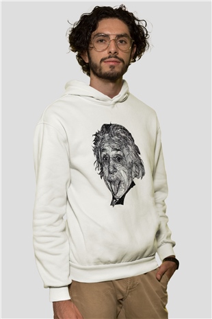 Geometrik Aibert Einstein Portesi Baskılı Unisex Beyaz Hoodie