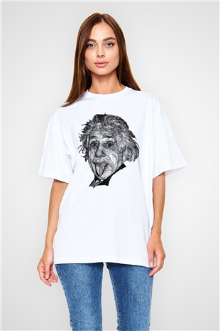 Geometrik Aibert Einstein Portesi Baskılı Unisex Beyaz Oversize Tişört