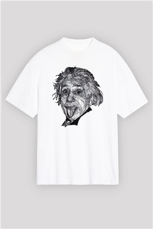 Geometrik Aibert Einstein Portesi Baskılı Unisex Beyaz Oversize Tişört