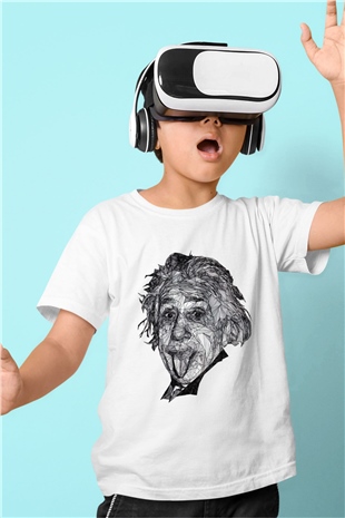 Geometrik Aibert Einstein Portesi Baskılı Unisex Beyaz Çocuk Tişört