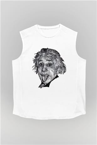 Geometrik Aibert Einstein Portesi Baskılı Unisex Beyaz Kolsuz Tişört