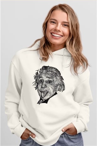 Geometrik Aibert Einstein Portesi Baskılı Unisex Beyaz Hoodie
