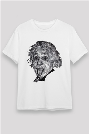 Geometrik Aibert Einstein Portesi Baskılı Unisex Beyaz Tişört