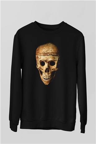 Gerçekçi Kurukafa Baskılı Siyah Unisex  Sweatshirt
