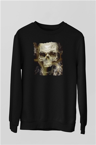 Gerçekçi Kurukafa Baskılı Siyah Unisex  Sweatshirt