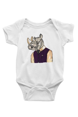 Gergedan Baskılı Beyaz Unisex Bebek Body - Zıbın