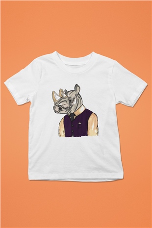 Gergedan Baskılı Beyaz Unisex Çocuk Tişört