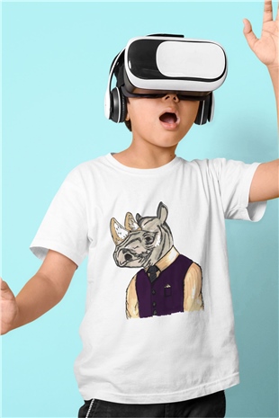 Gergedan Baskılı Beyaz Unisex Çocuk Tişört