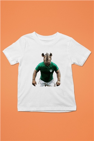 Gergedan Baskılı Beyaz Unisex Çocuk Tişört