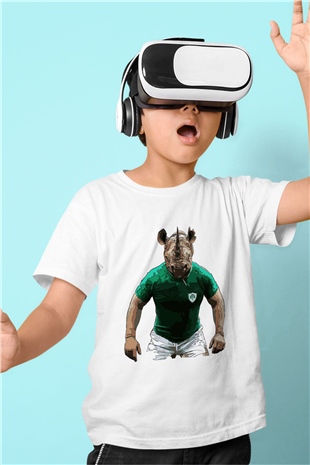 Gergedan Baskılı Beyaz Unisex Çocuk Tişört