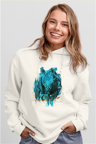 Gergedan Beyaz Unisex Hoodie