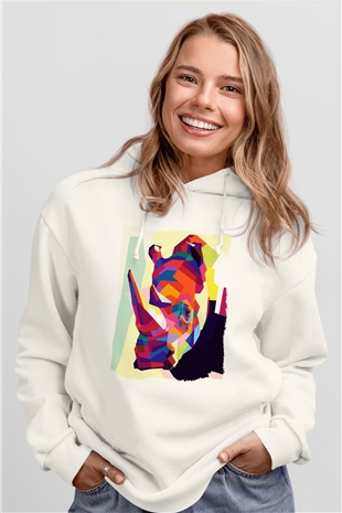 Gergedan Beyaz Unisex Hoodie