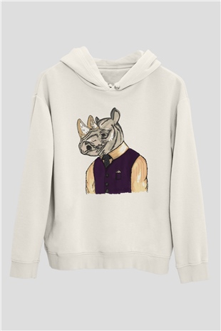 Gergedan Beyaz Unisex Kapşonlu Sweatshirt