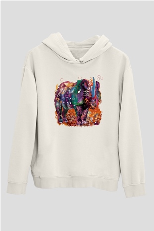 Gergedan Beyaz Unisex Kapşonlu Sweatshirt