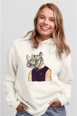 Gergedan Beyaz Unisex Kapşonlu Sweatshirt