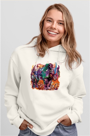 Gergedan Beyaz Unisex Kapşonlu Sweatshirt