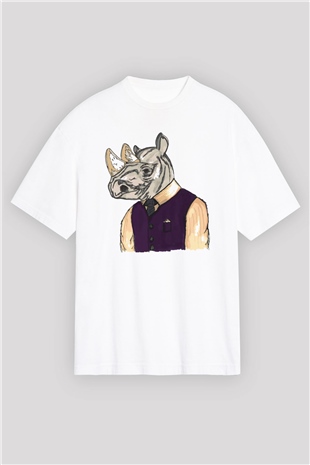 Gergedan Beyaz Unisex Oversize Tişört T-Shirt