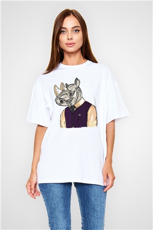 Gergedan Beyaz Unisex Oversize Tişört T-Shirt