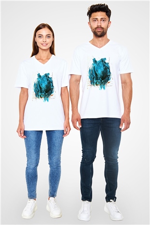 Gergedan Beyaz Unisex V Yaka Tişört