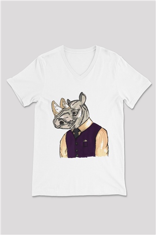 Gergedan Beyaz Unisex V Yaka Tişört T-Shirt