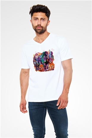 Gergedan Beyaz Unisex V Yaka Tişört T-Shirt