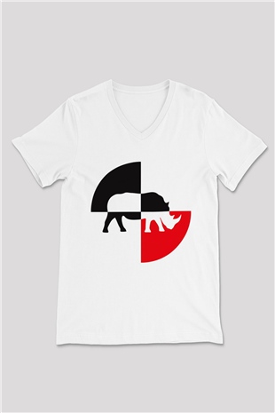 Gergedan Beyaz Unisex V Yaka Tişört T-Shirt