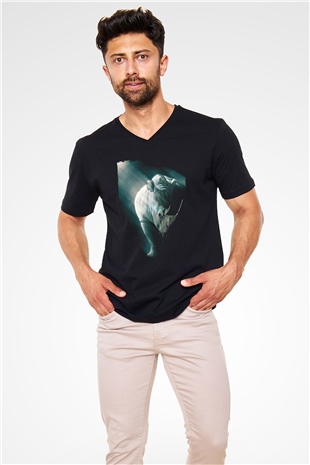 Gergedan Siyah Unisex V Yaka Tişört