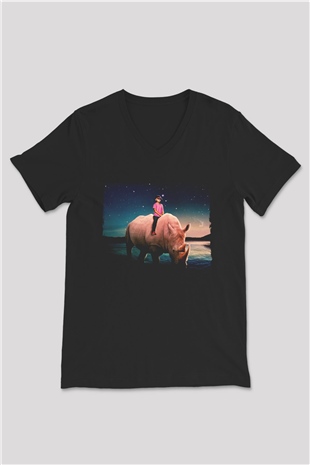 Gergedan Siyah Unisex V Yaka Tişört