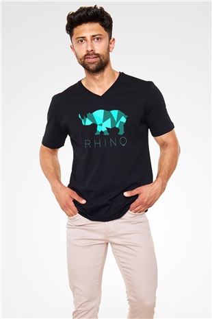 Gergedan Siyah Unisex V Yaka Tişört T-Shirt