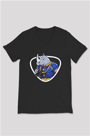 Gergedan Siyah Unisex V Yaka Tişört T-Shirt