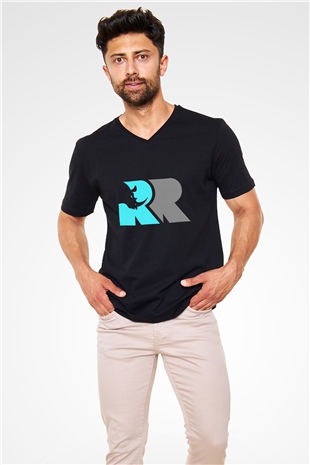 Gergedan Siyah Unisex V Yaka Tişört T-Shirt