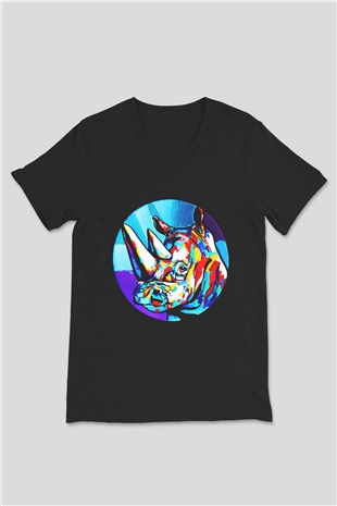 Gergedan Siyah Unisex V Yaka Tişört T-Shirt