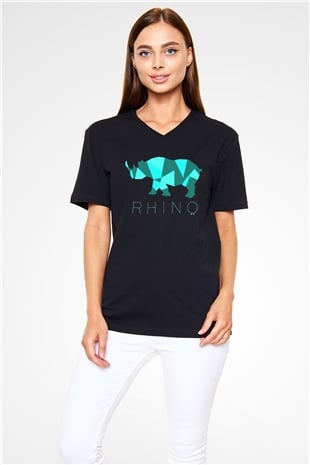 Gergedan Siyah Unisex V Yaka Tişört T-Shirt