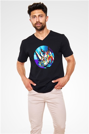 Gergedan Siyah Unisex V Yaka Tişört T-Shirt