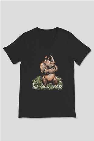Gergedan Siyah Unisex V Yaka Tişört T-Shirt