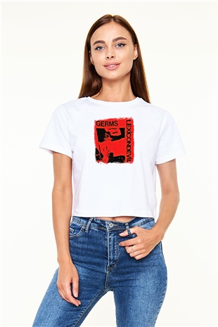 Germs Baskılı Unisex Beyaz Crop Top Tişört