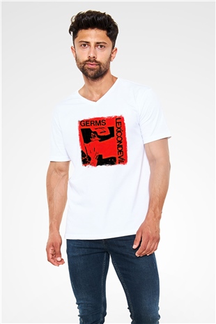 Germs Baskılı Unisex Beyaz V Yaka Tişört