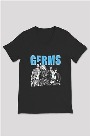 Germs Baskılı Unisex Siyah V Yaka Tişört